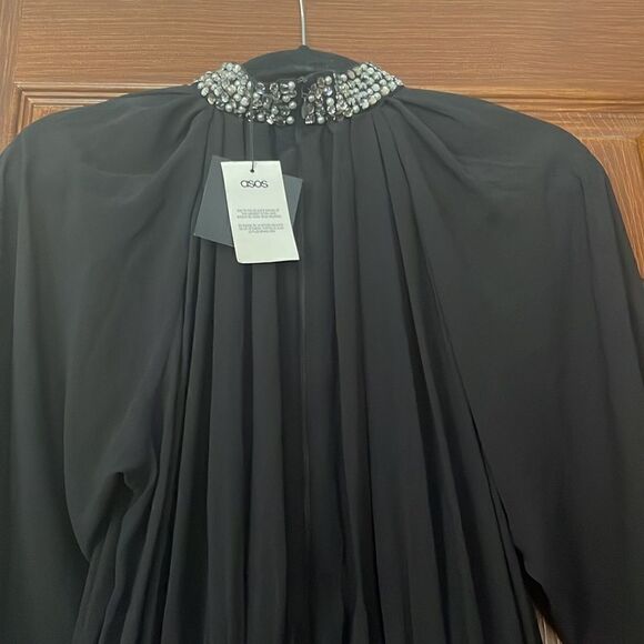 ASOS black chiffon dress with velvet waistband & diamond detail around neckline - Picture 7 of 9